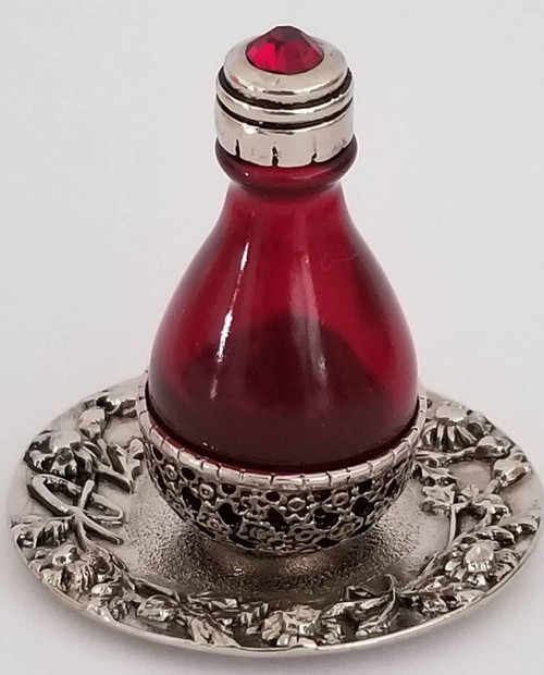 Silver Roma Basket Red Glass Tear Bottle with Red Swarovsky Crystal in the cap, on a Silver Solid Rim Tray
