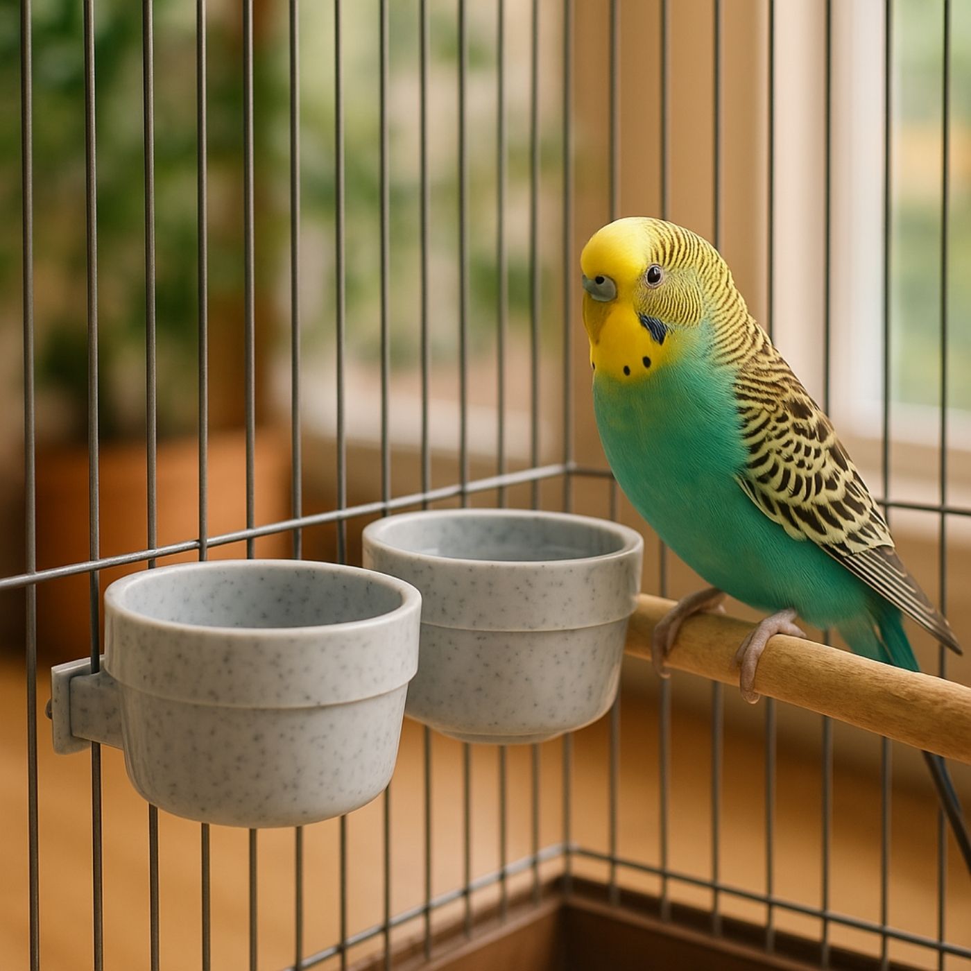 Budgie with the Small Quick Locking Parrot Food or Water Bowl