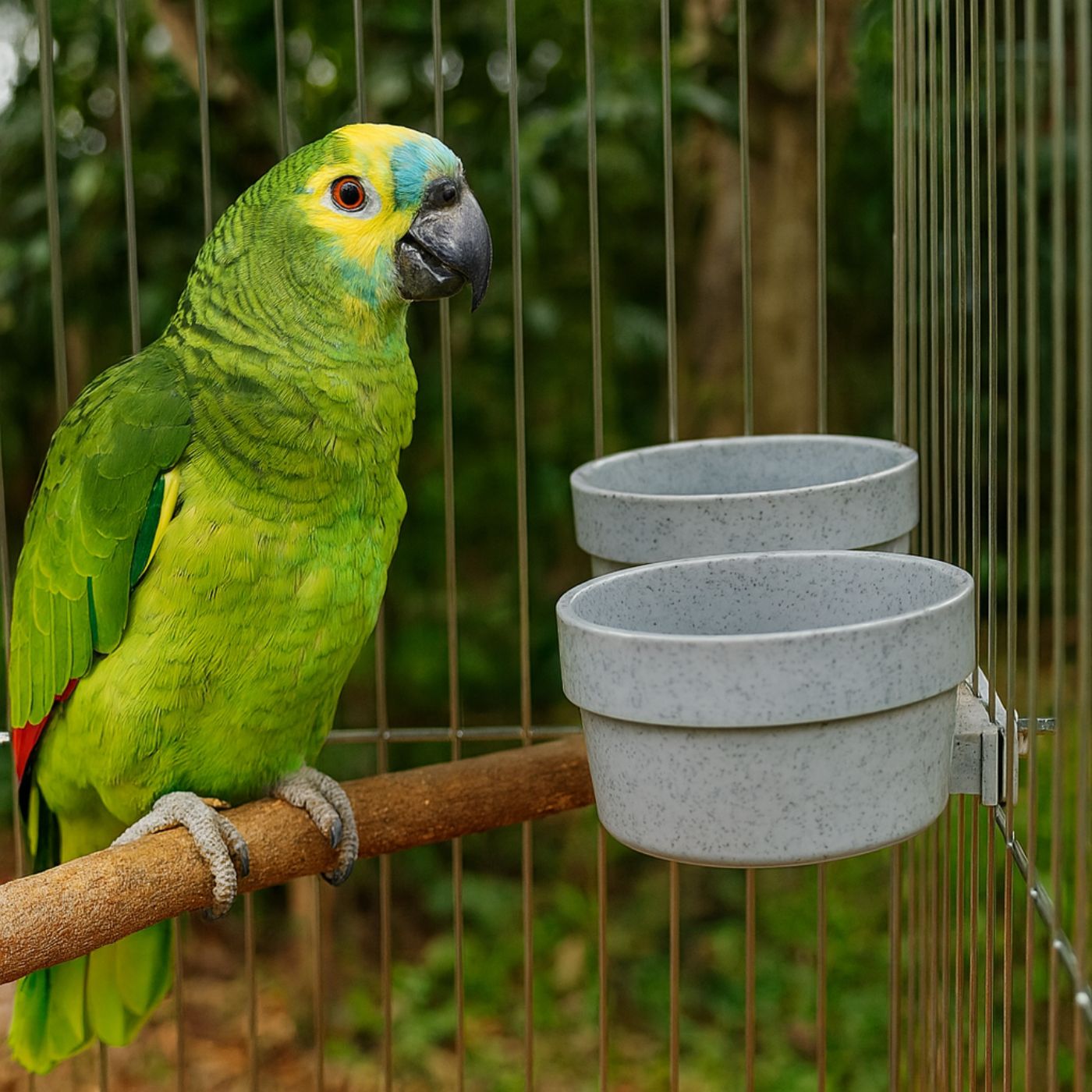 Amazon Parrot with the Quick Locking Parrot Food or Water Bowl