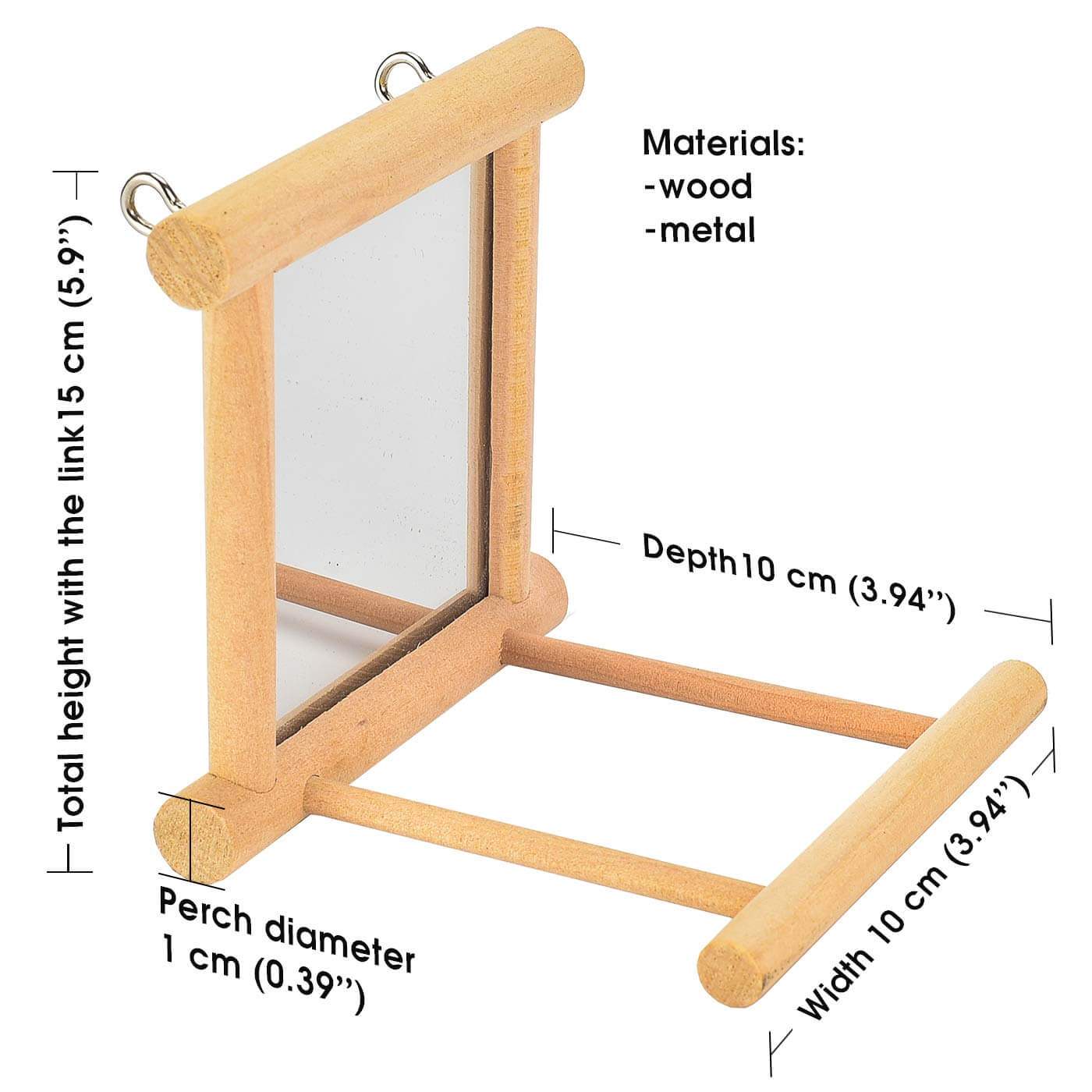 Dimensions of the Bird Cage Mirror with Perch for Budgies