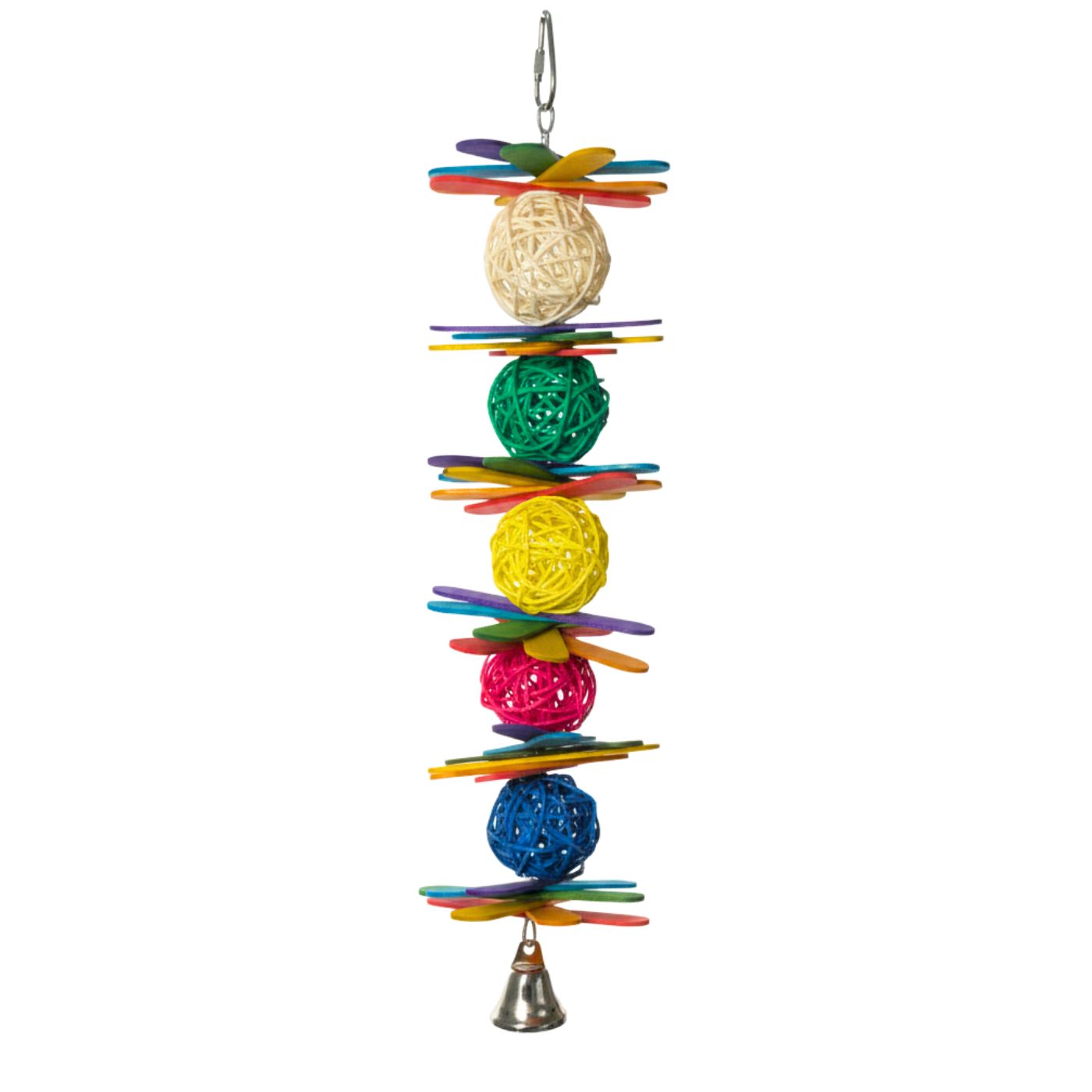 Parrot Toy made from Hanging Vine Balls and chewing Parrot Ice Lolly Sticks with Bell