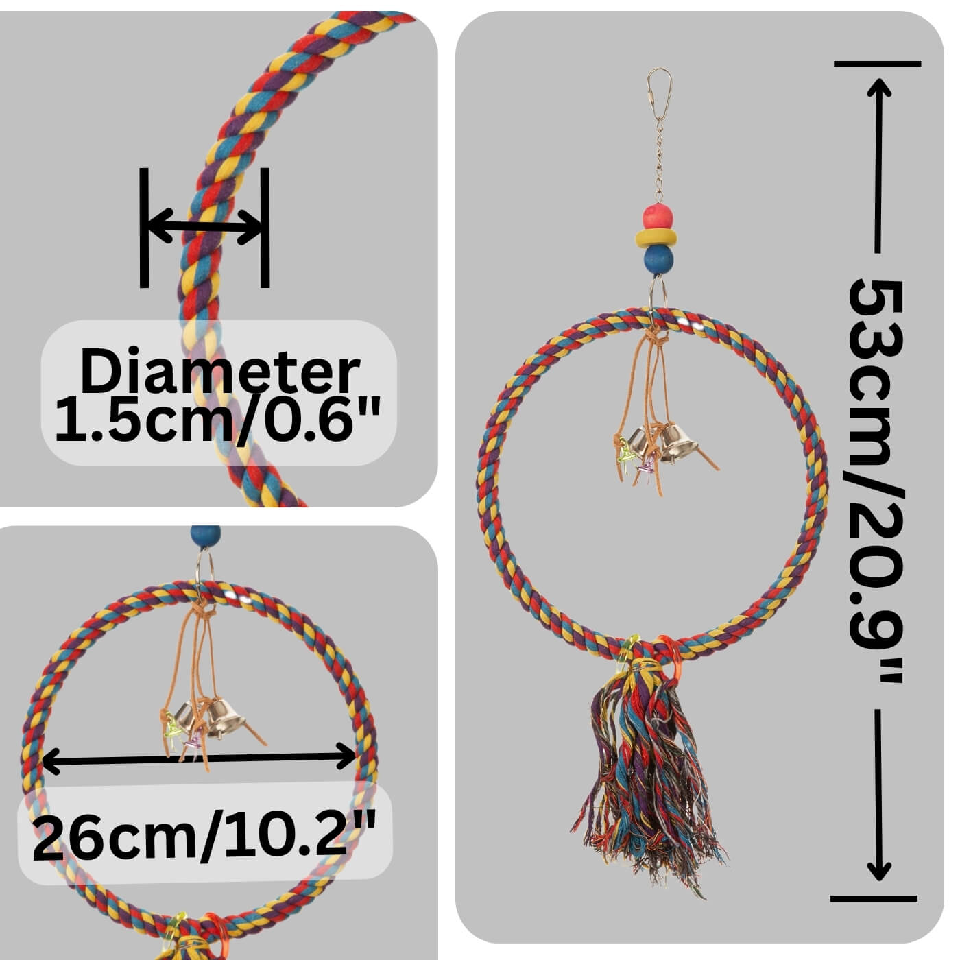 Colourful Cotton Ring Parrot Toy & Swing Dimensions Colourful Cotton Ring Parrot Toy & Swing Dimensions