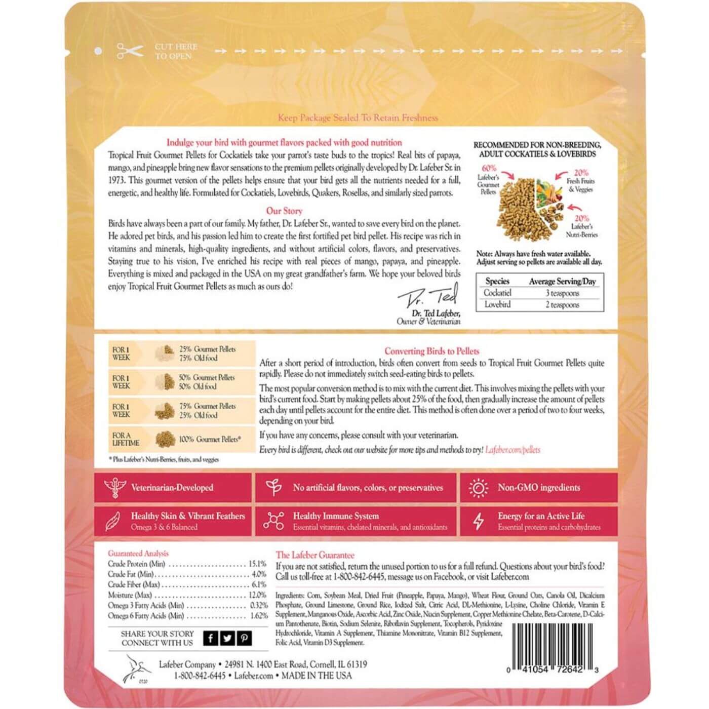 Lafeber Gourmet Pellets - Tropical Fruit - Cockatiel Food Back Label