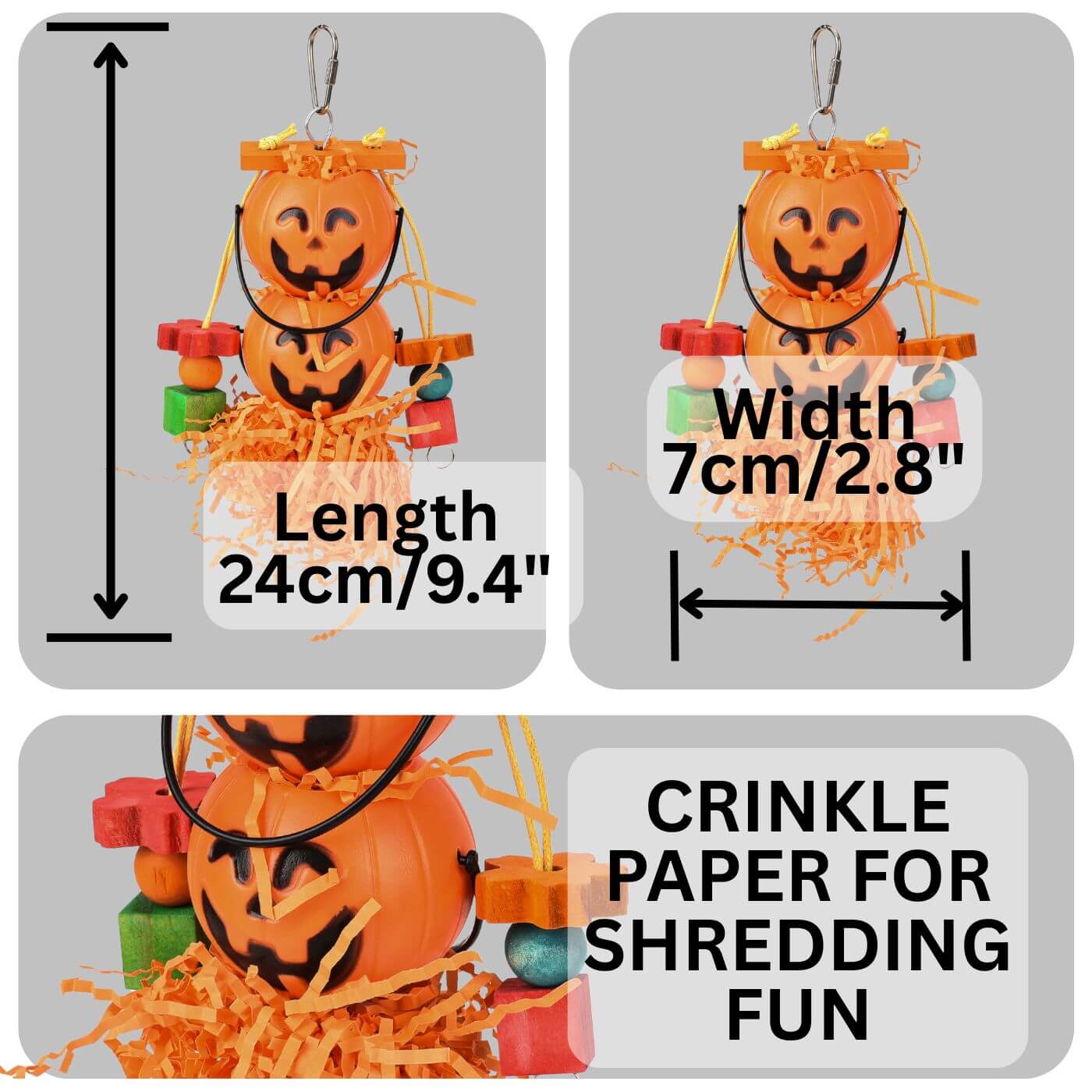 The Pumpkin Twins Hanging Halloween Parrot Toy Dimensions