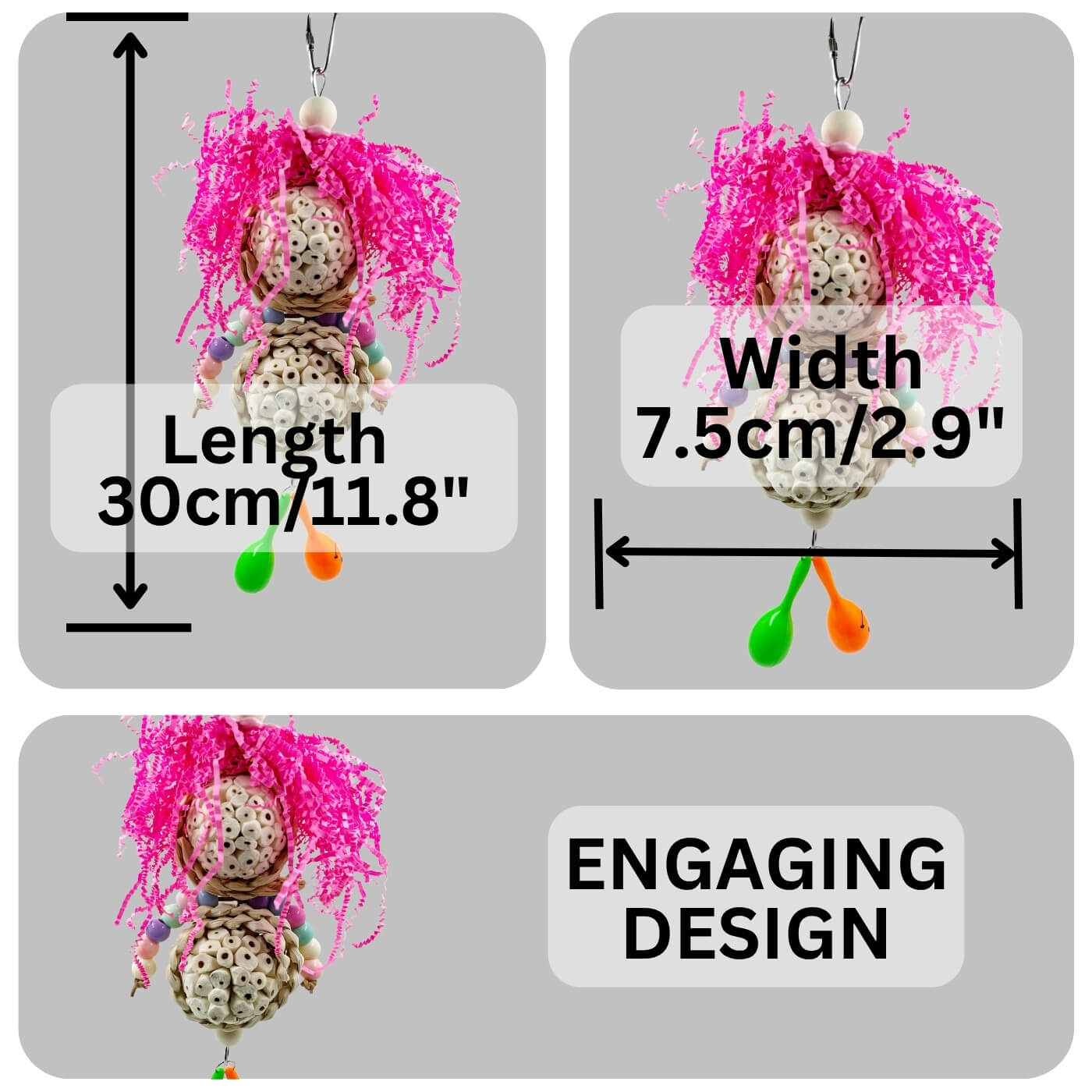 Dimensions of the Crazy Hair Buddy Parrot Toy