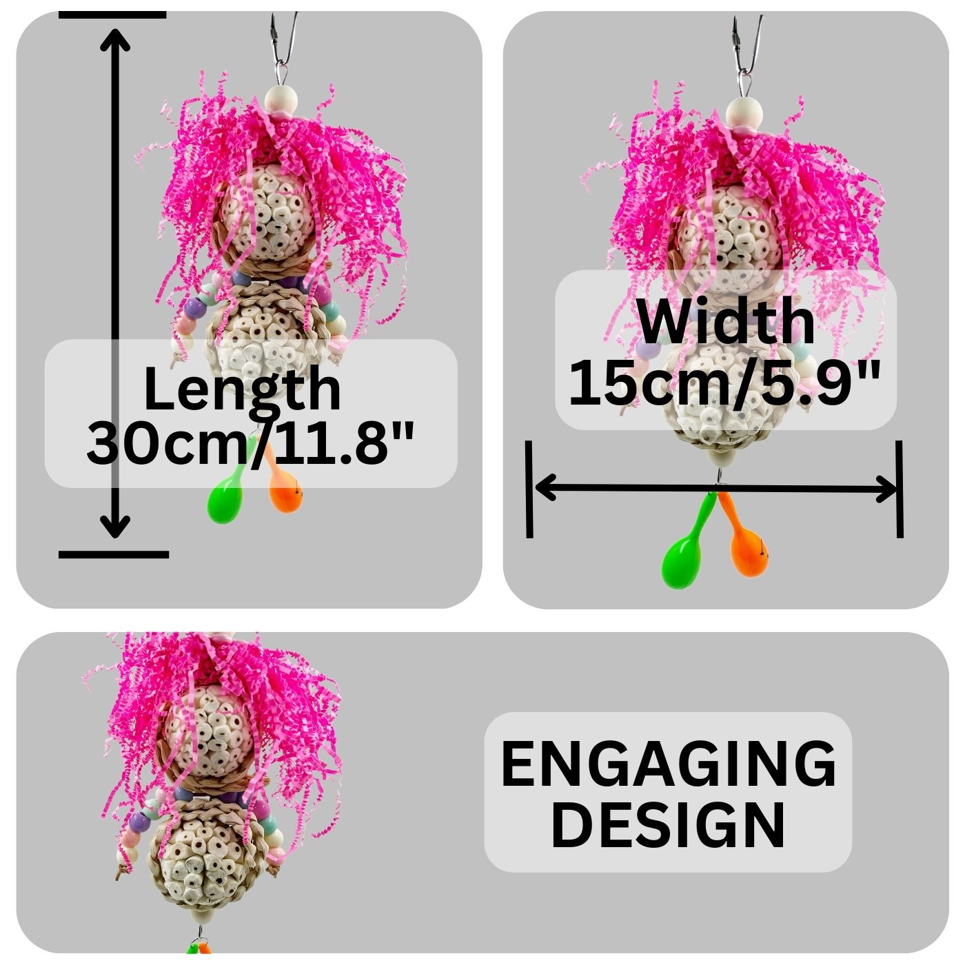 Dimensions of the Crazy Hair Buddy Parrot Toy