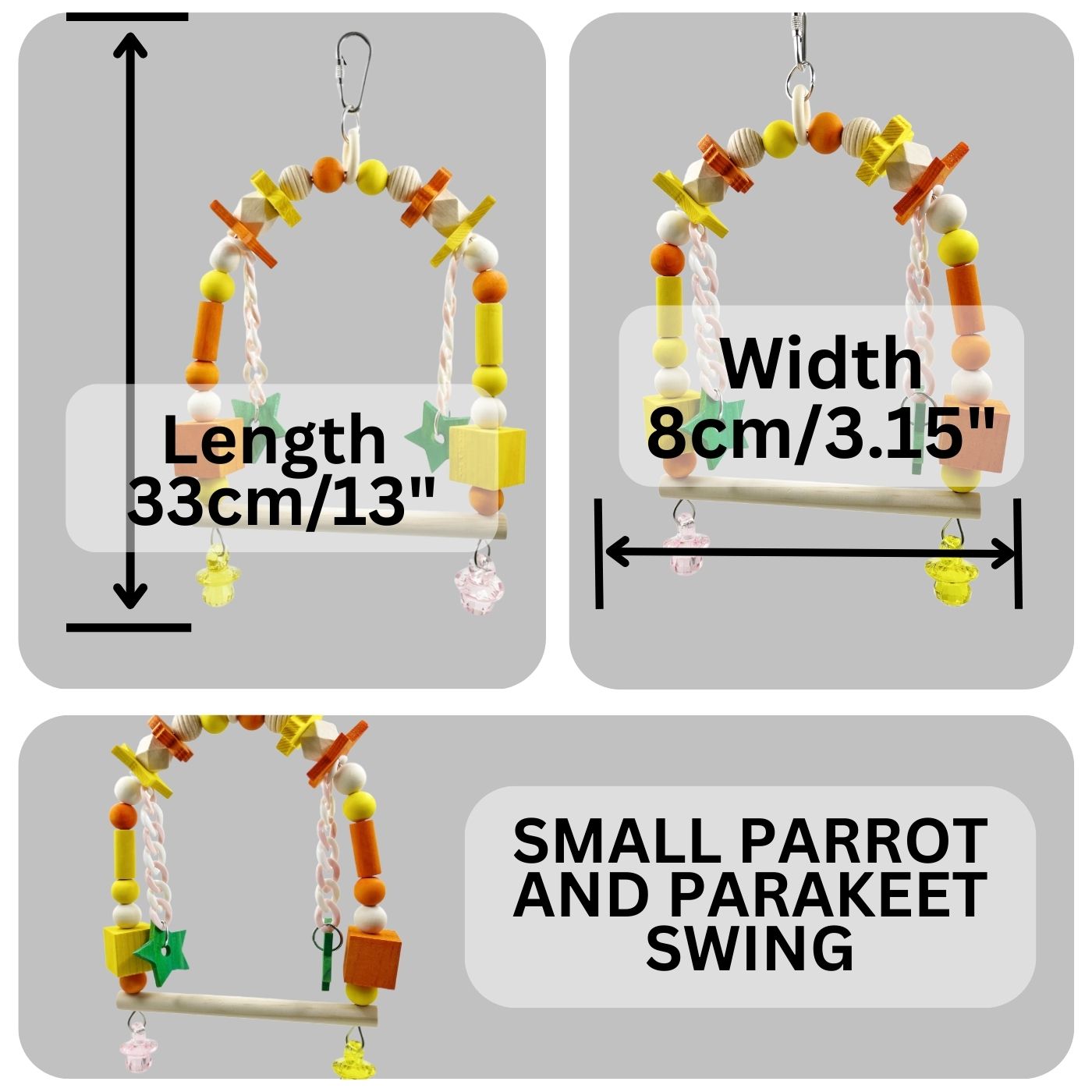 Dimensions of the Lucky Stars Rainbow Perch Cage Swing Parrot Toy