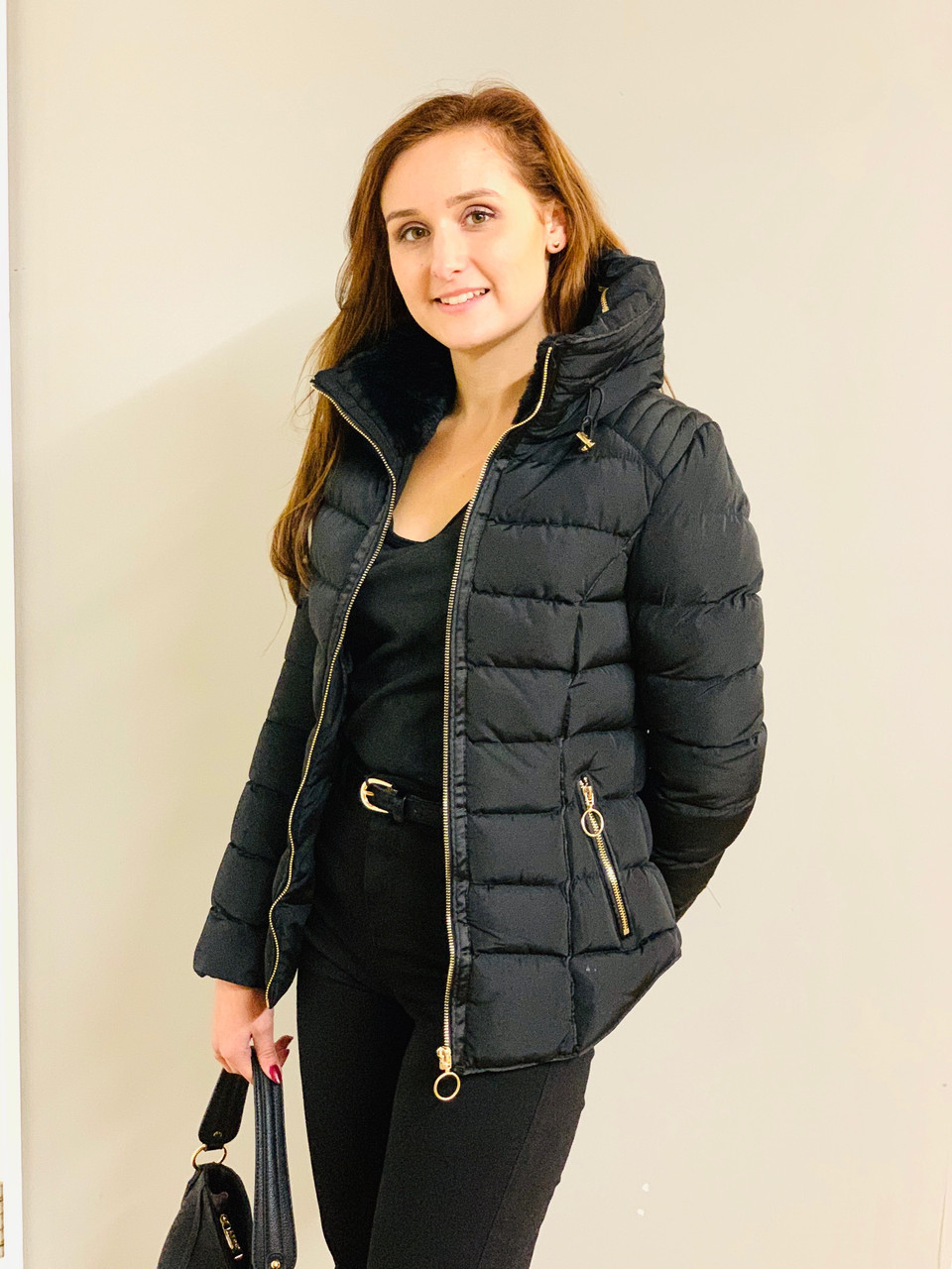 black puffer jacket womens with fur hood