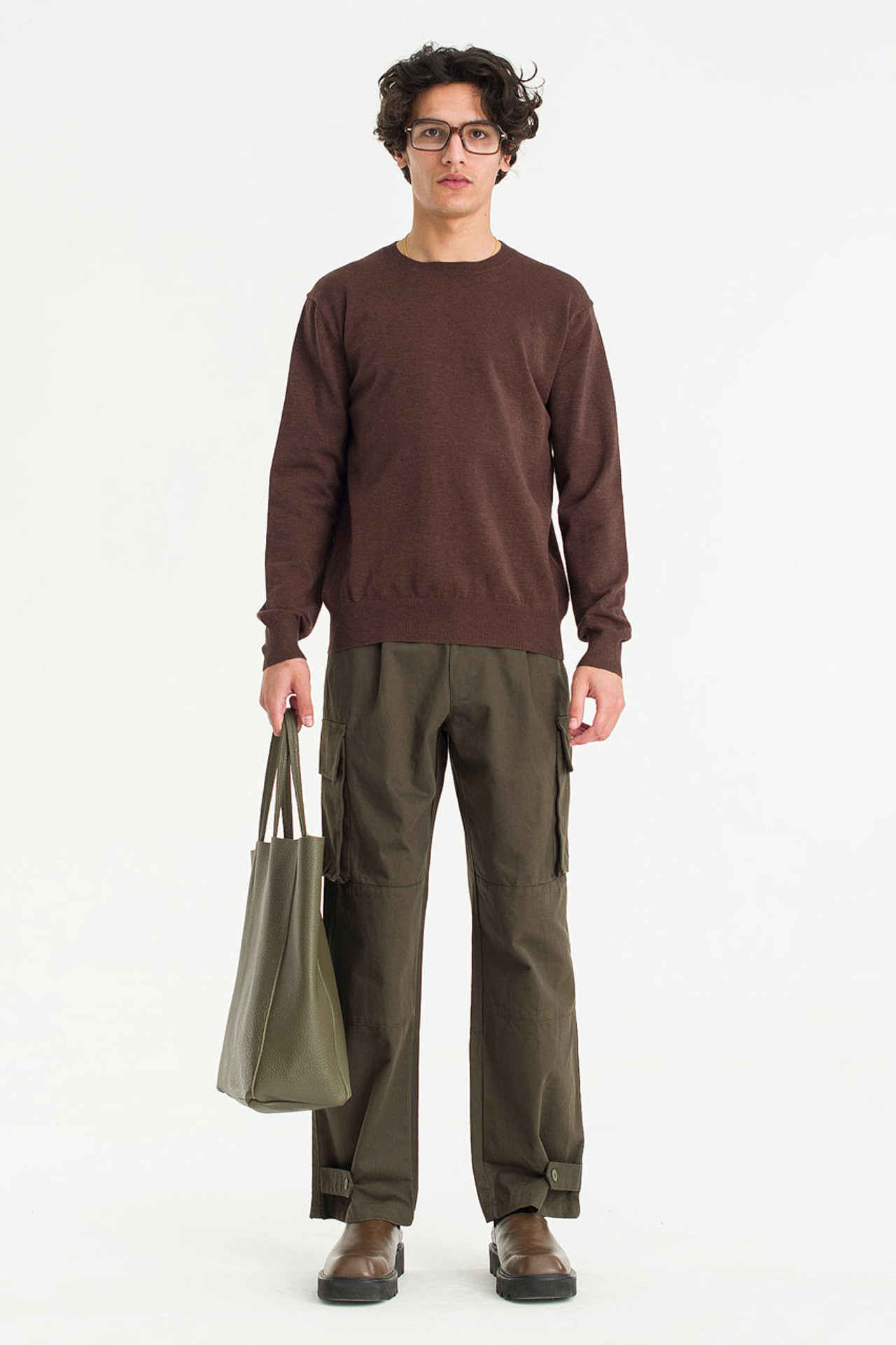 Men's White Crew-neck Sweater, Dark Green Cargo Pants, Tan