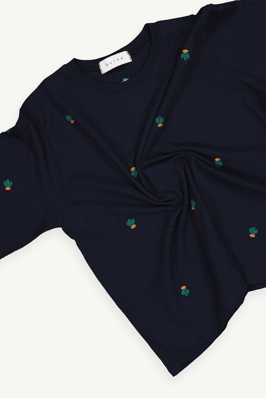 Cactus Stitch Tee, Navy