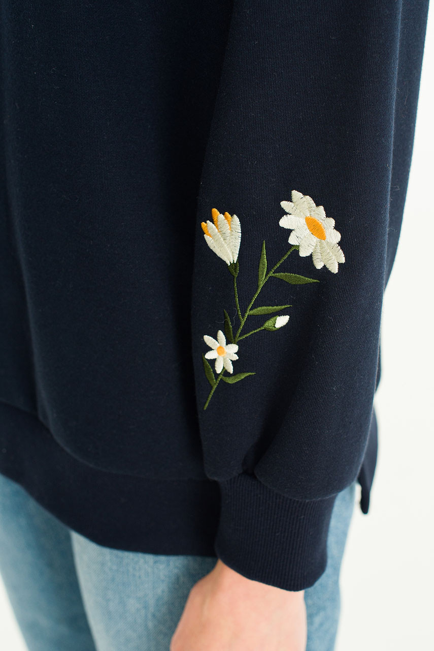 Flower Embroidered Sleeve Sweatshirt, Navy
