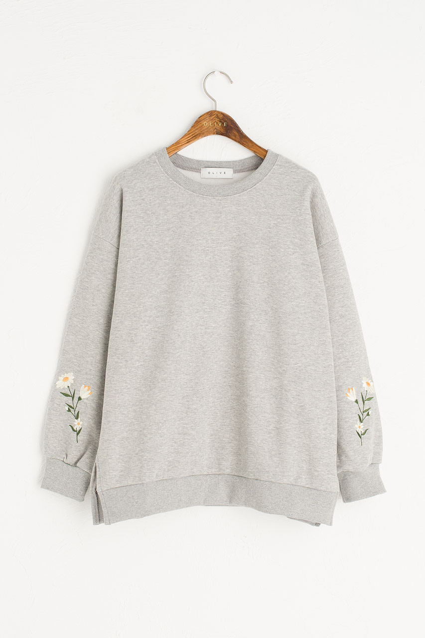 Flower Embroidered Sleeve Sweatshirt, Grey