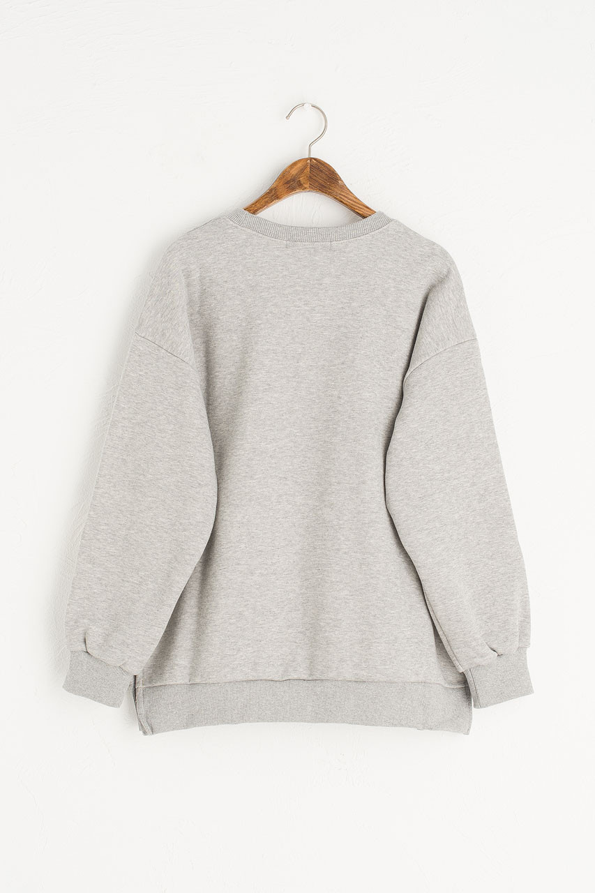 Flower Embroidered Sleeve Sweatshirt, Grey