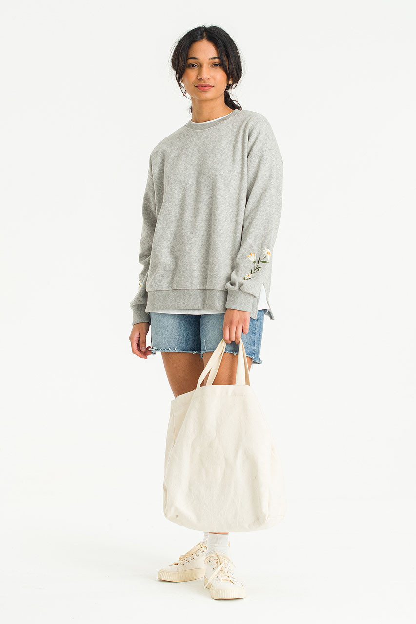 Flower Embroidered Sleeve Sweatshirt, Grey