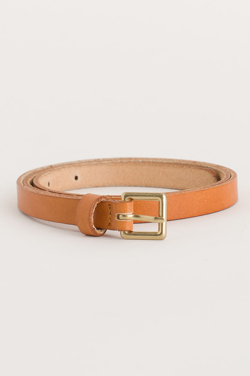 Square Leather Skinny Belt, Camel