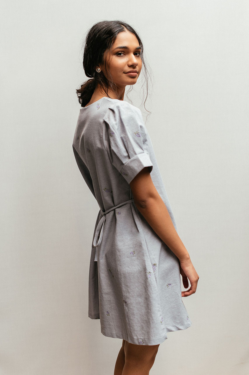 Lavender Embroidered Square Neck Dress, Blue