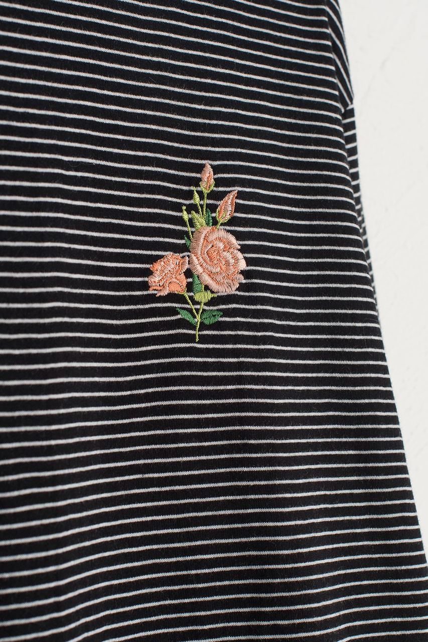 Rose Embroidery Stripe Tee, Black