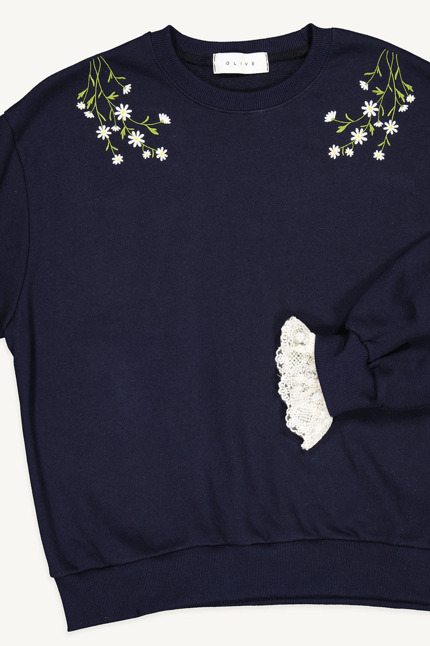 Daisy Embroidered Lace Sleeve Sweatshirt, Navy