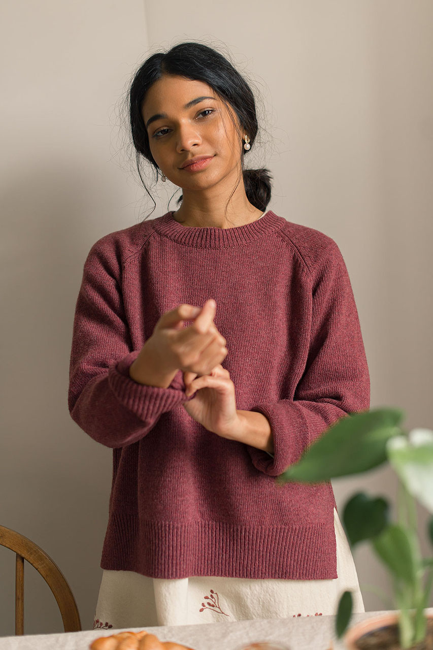 Unbalanced Crew Neck Knit, Wine Melange