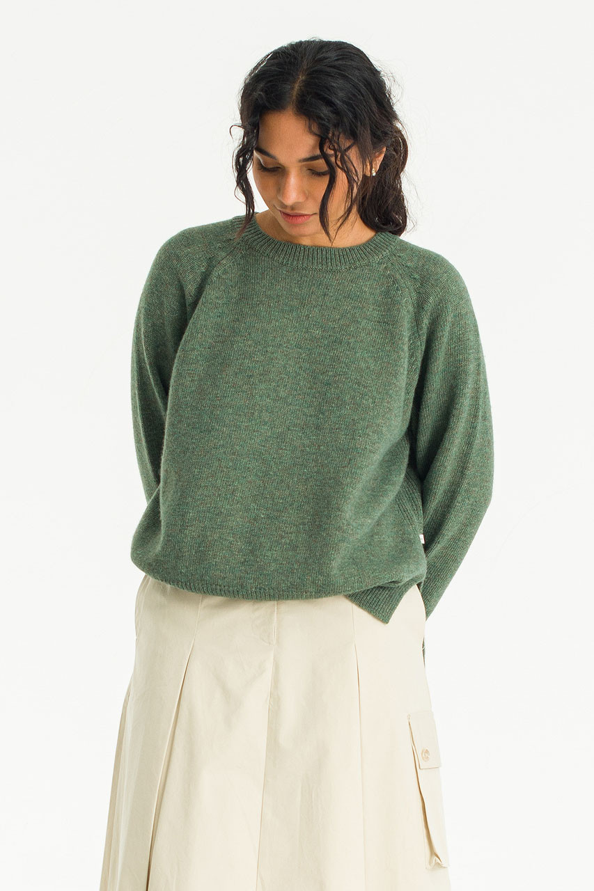 Unbalanced Crew Neck Knit, Khaki Melange