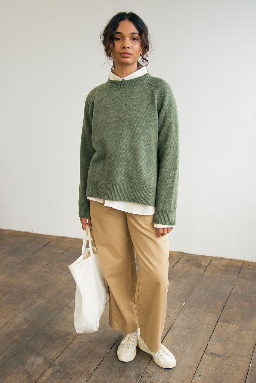 Unbalanced Crew Neck Knit, Khaki Melange