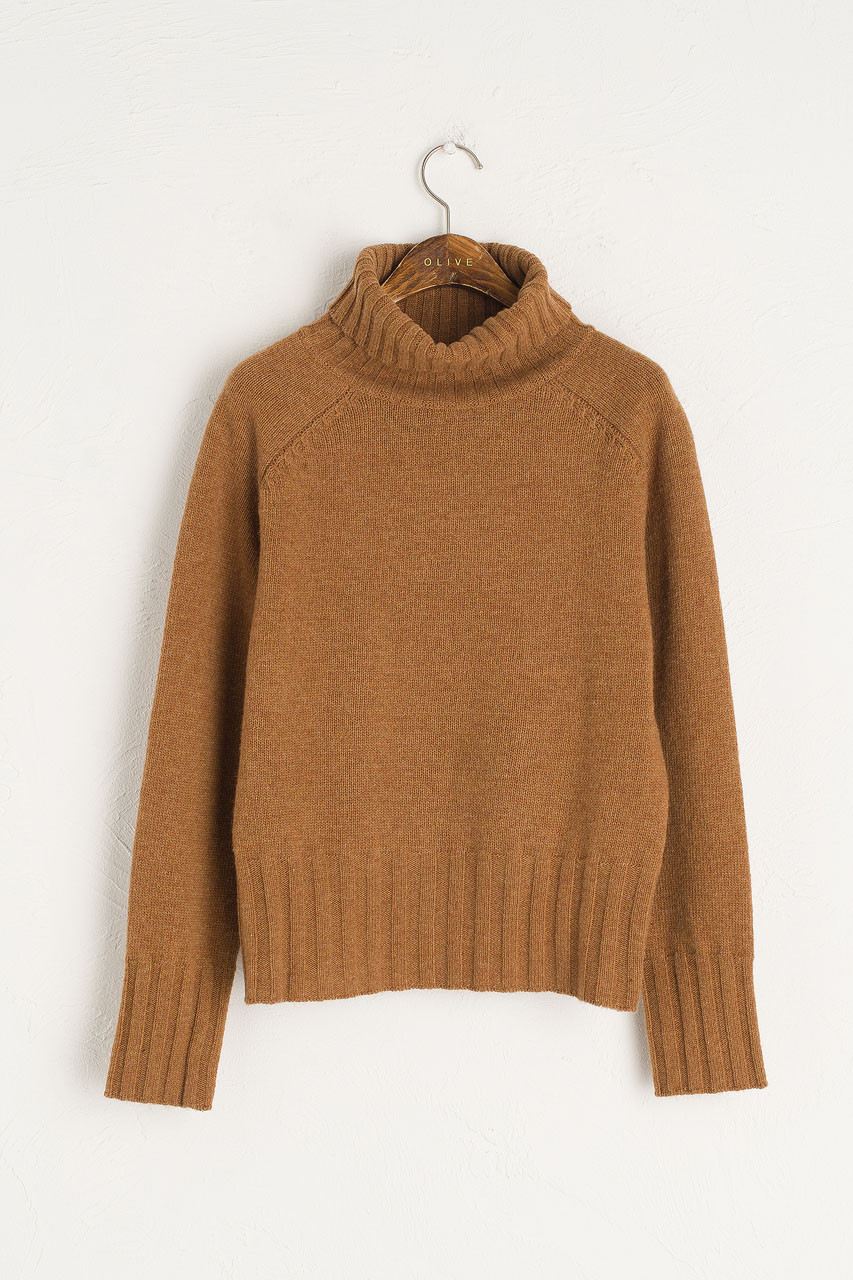 roll neck jumper camel