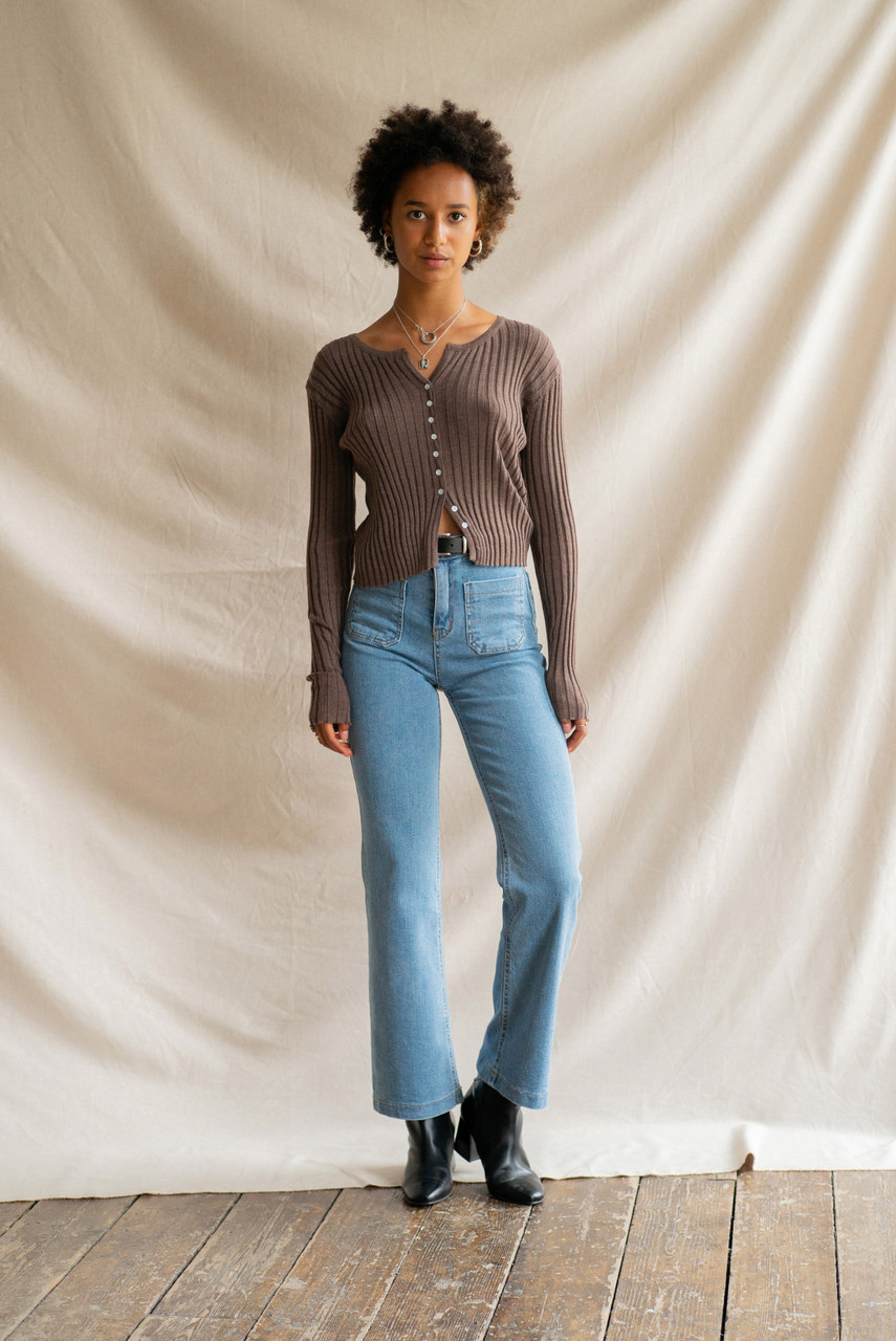 high waisted mid blue jeans