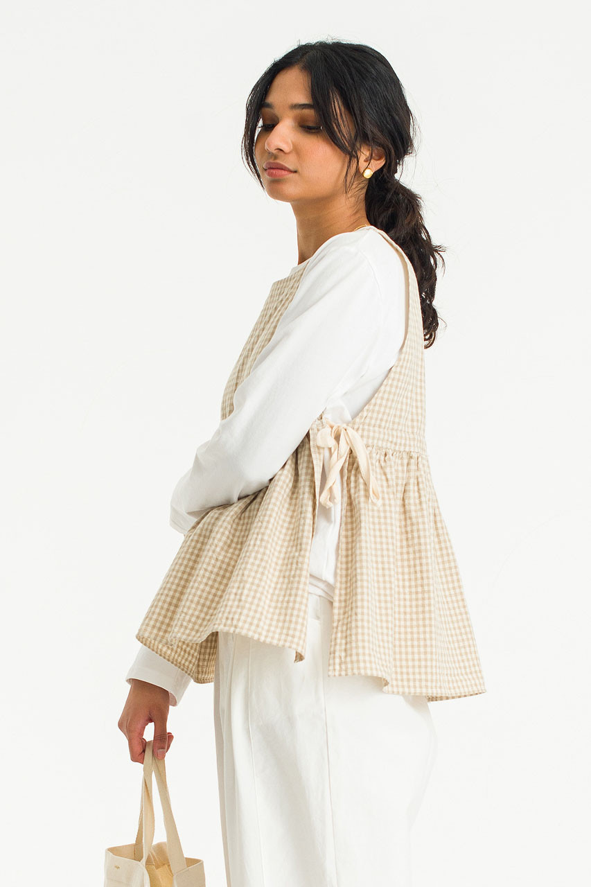 Faye Ribboned Vest, Beige Gingham