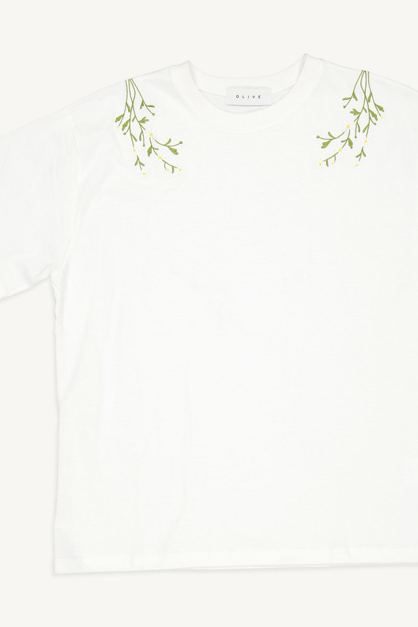 Daisy Embroidered Tee, White