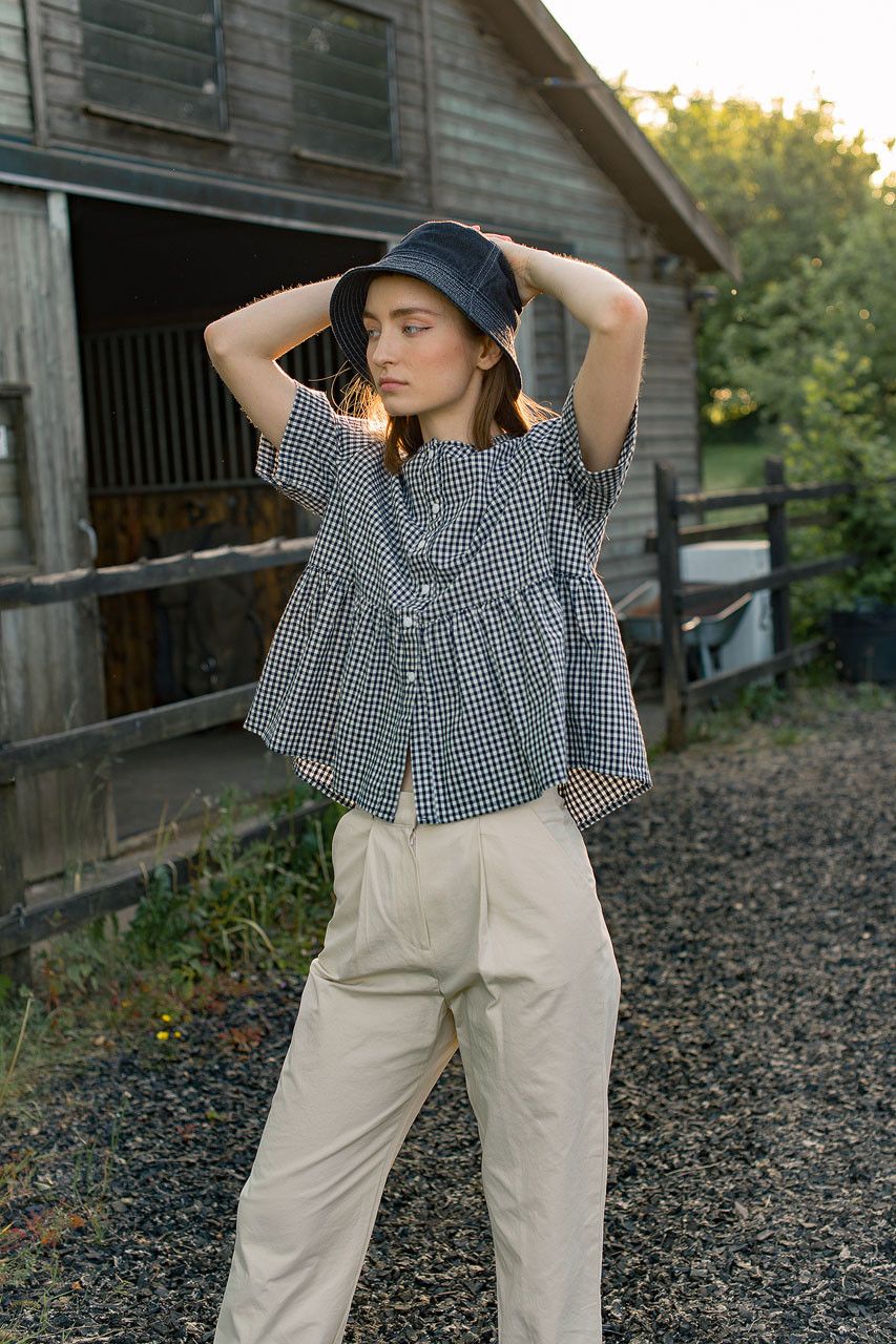 Faye Gingham Half Sleeve Blouse, Navy