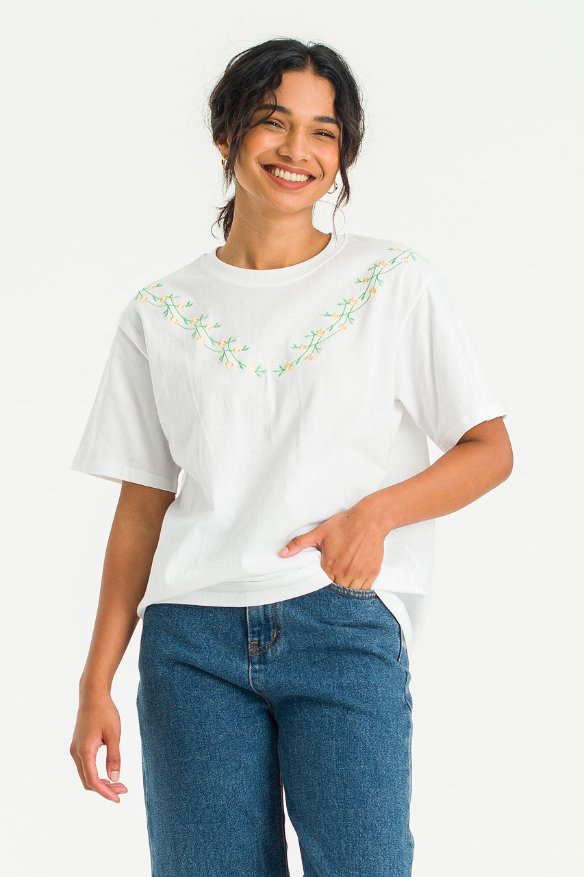 Freesia Vine Embroidery Tee, Ivory