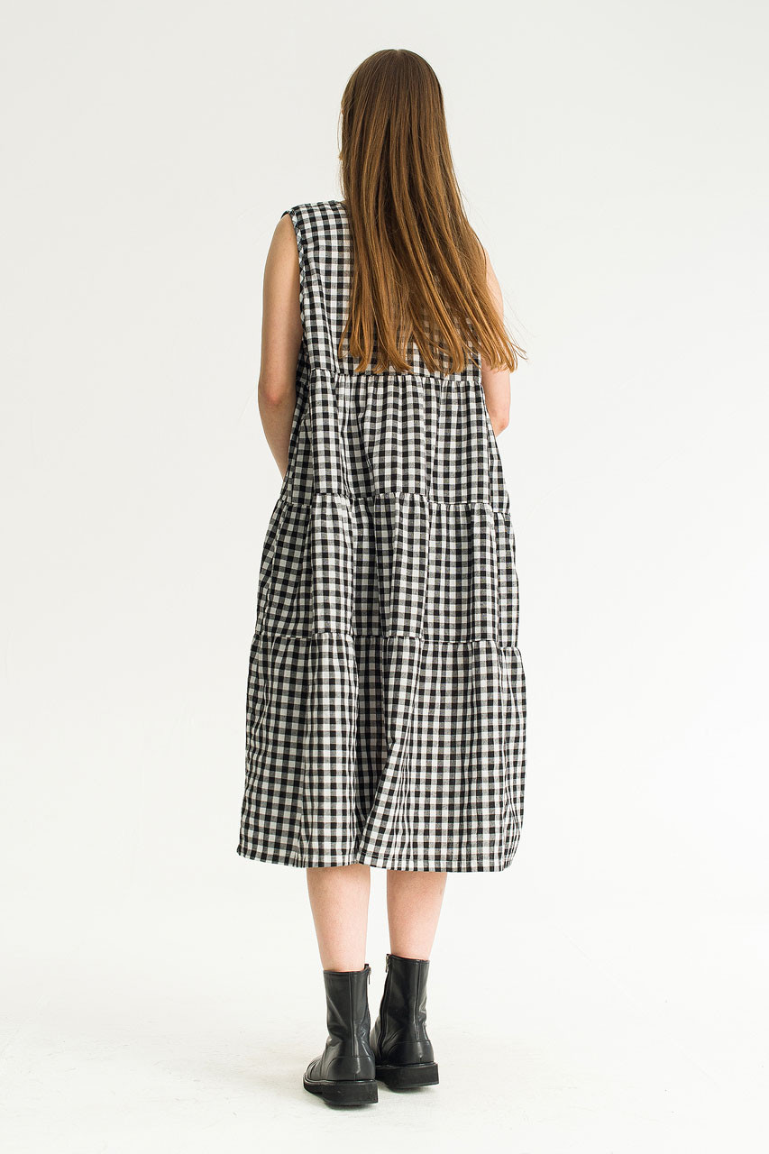 Tiered Gingham Check Dress, Black