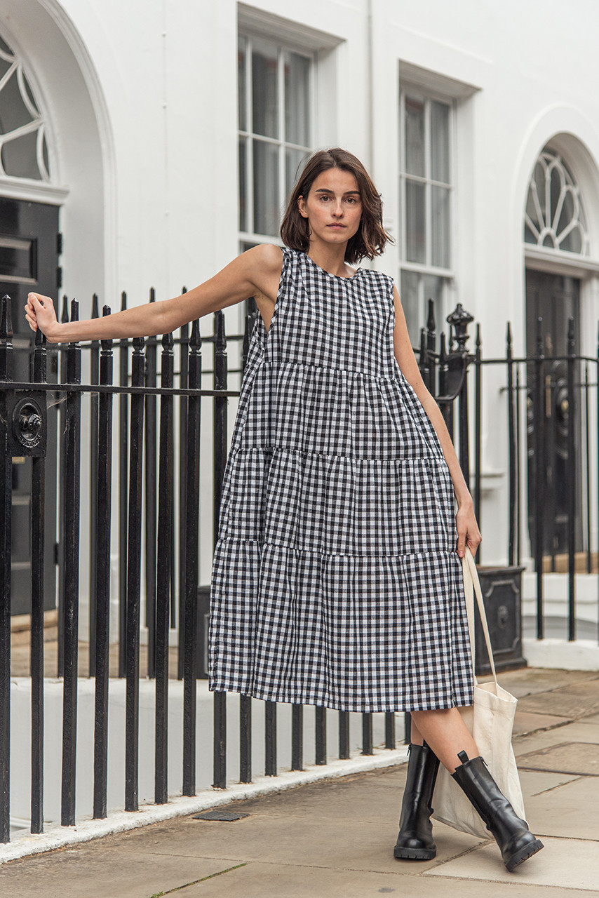 Tiered Gingham Check Dress, Black