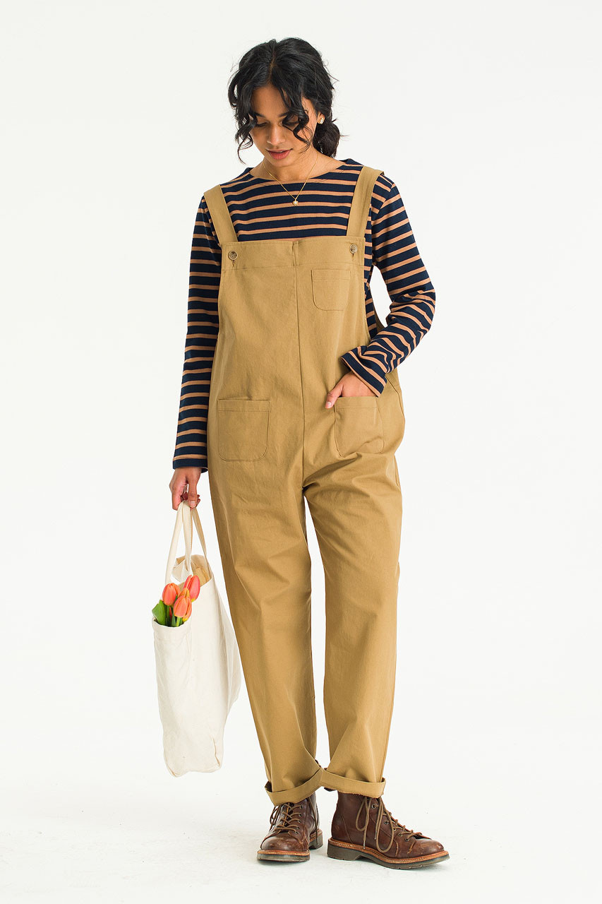 Buy DIMPY GARMENTS Knee-Long Cotton Blend Striped Women's Dungaree Dress  with Top (Beige, Small) at