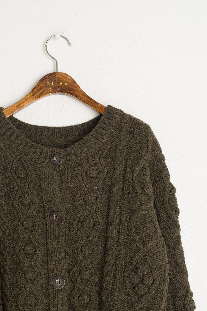 Two-Way Pompom Aran Cardigan, Moss