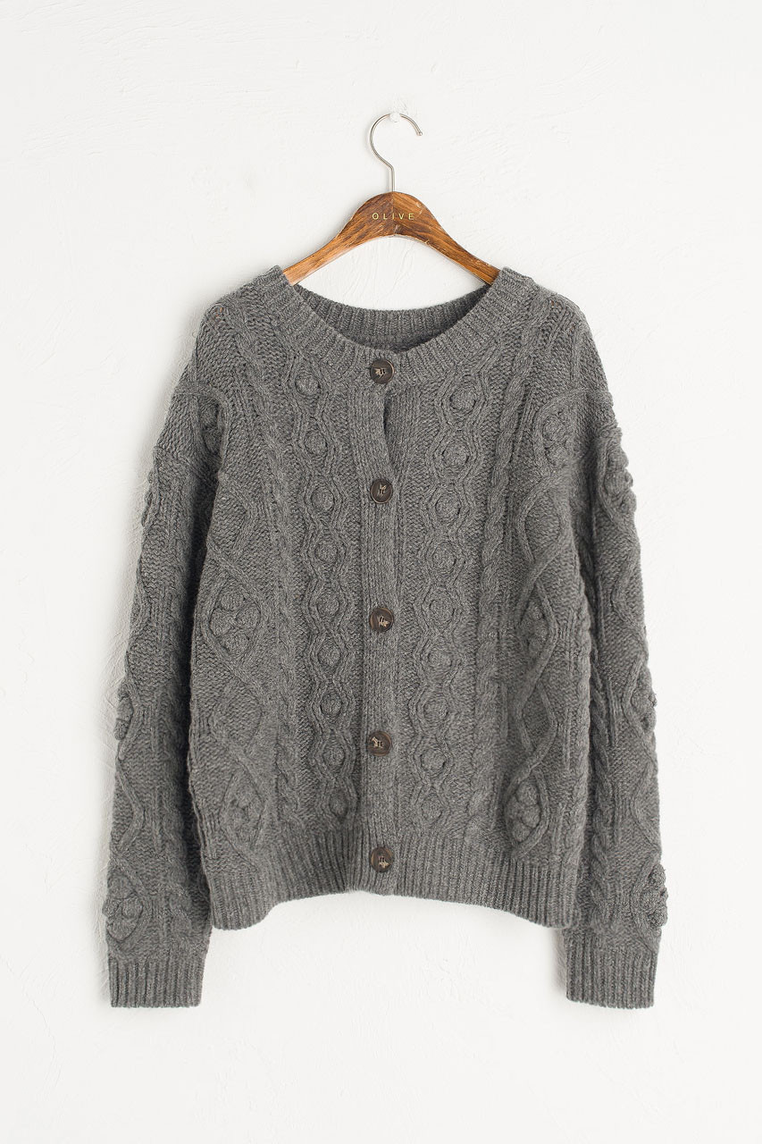 Two-Way Pompom Aran Cardigan, Oatmeal