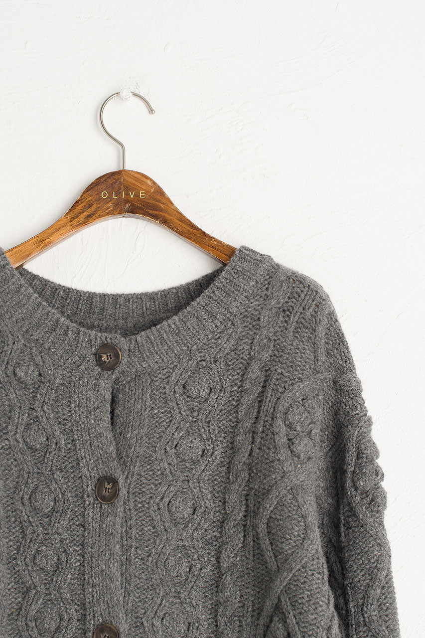 Two-Way Pompom Aran Cardigan, Grey Melange