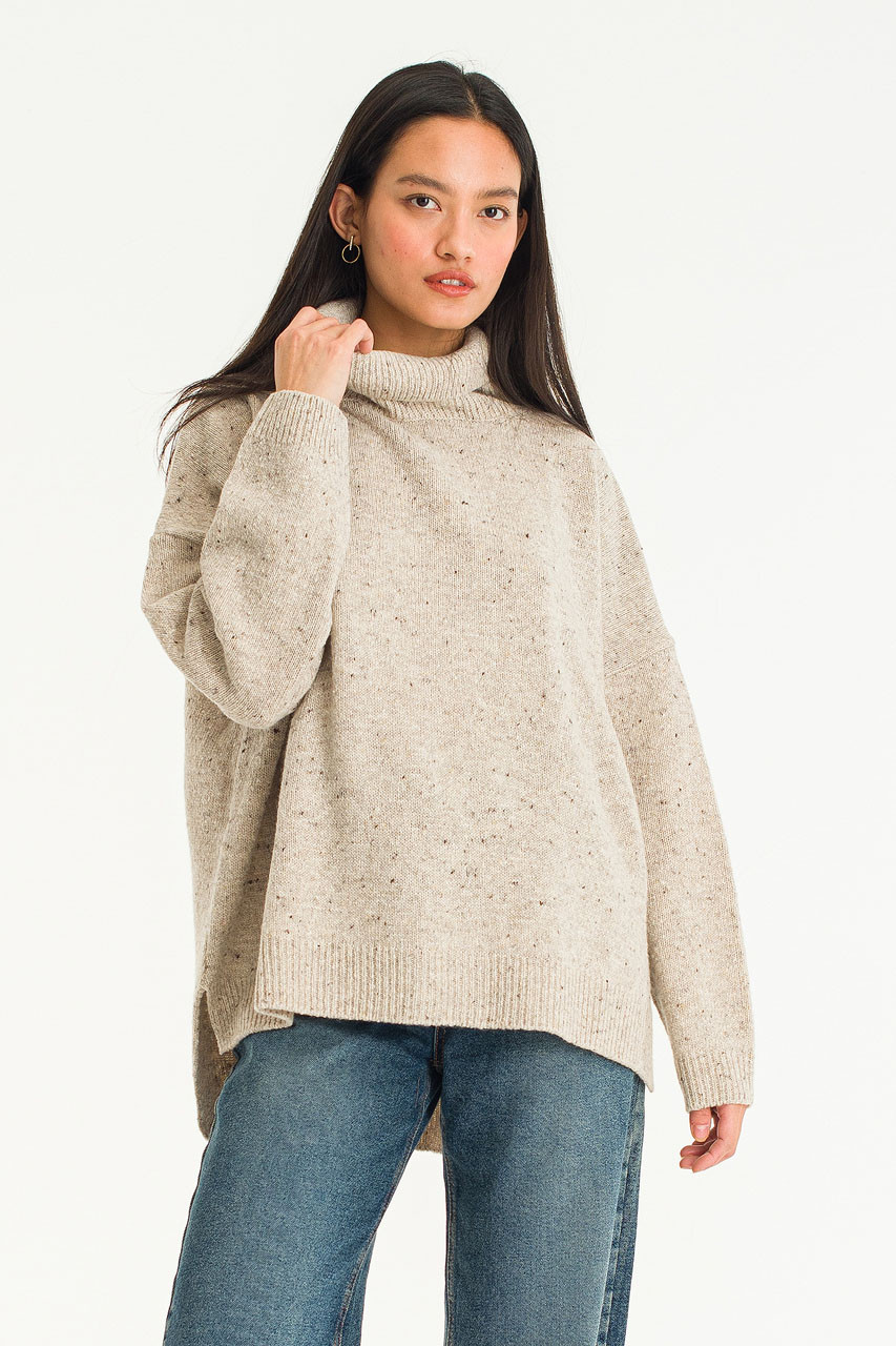 Oversize Boucle Roll Neck Jumper, Pebble