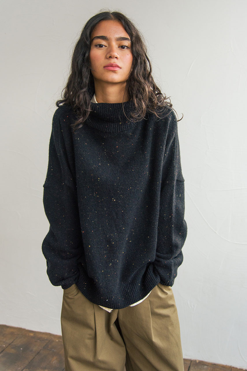 Oversize Boucle Roll Neck Jumper, Black