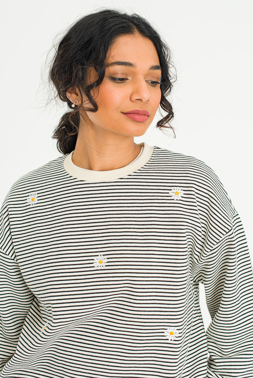 Fleece Daisy Stripe Sweatshirt, Ivory