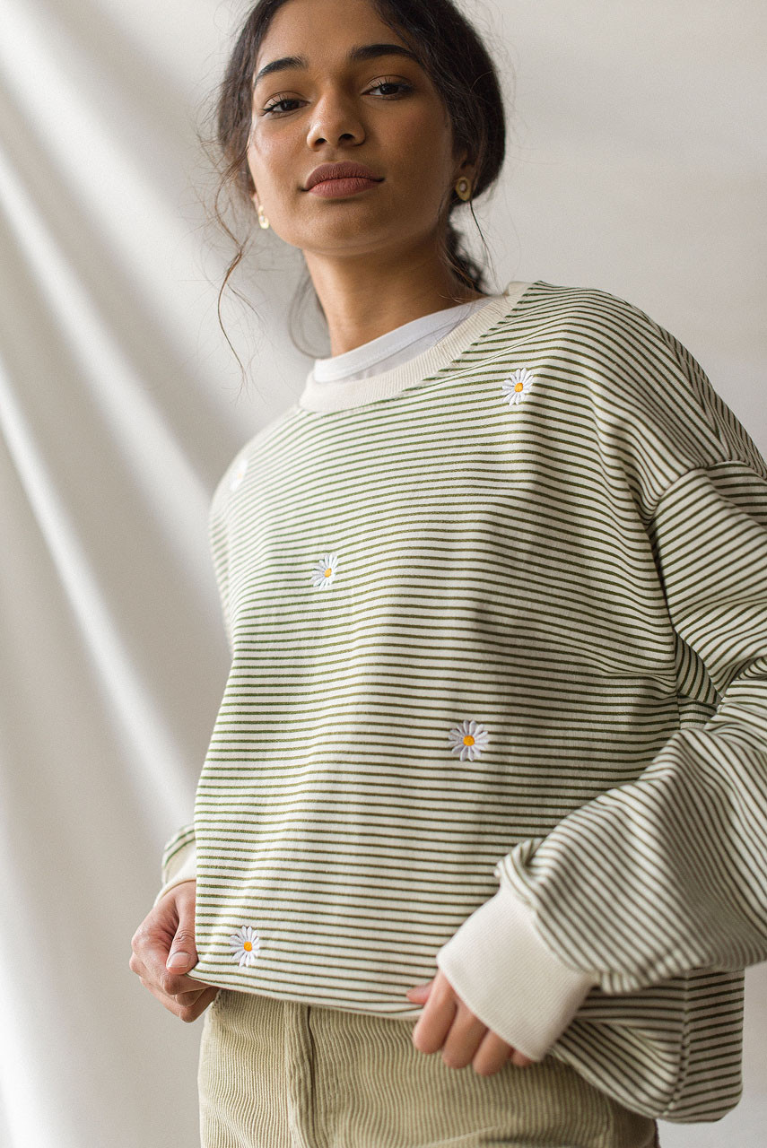 Fleece Daisy Stripe Sweatshirt, Khaki