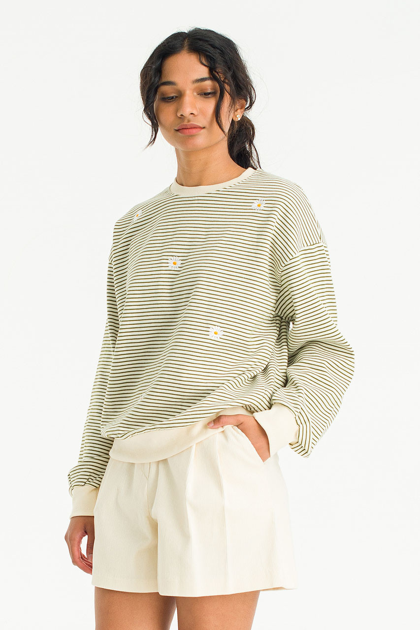Fleece Daisy Stripe Sweatshirt, Khaki