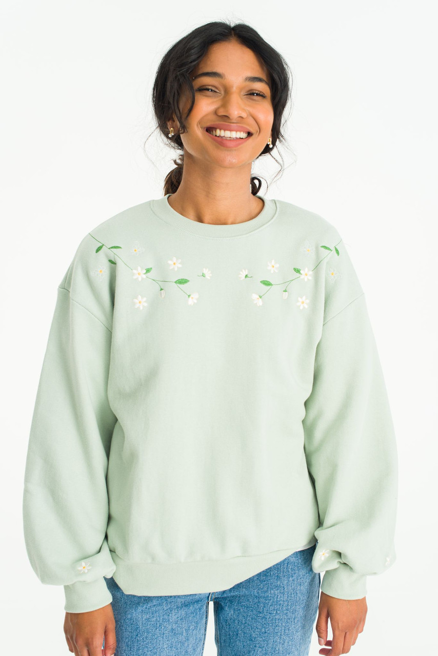 White Lilac Embroidery Sweatshirt, Mint