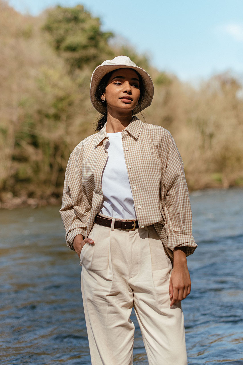 Lightweight Gingham Overshirt, Beige