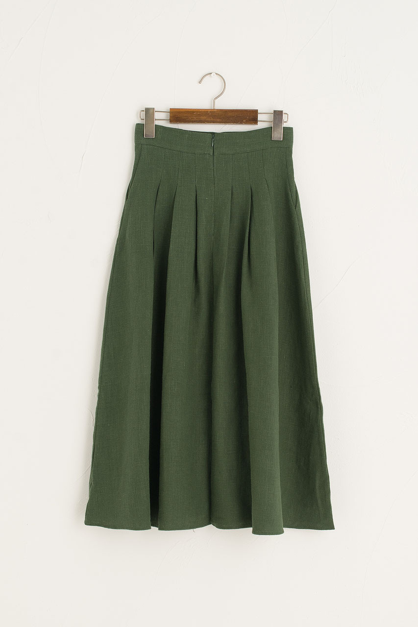 Jane Pleated Long Linen Skirt, Green