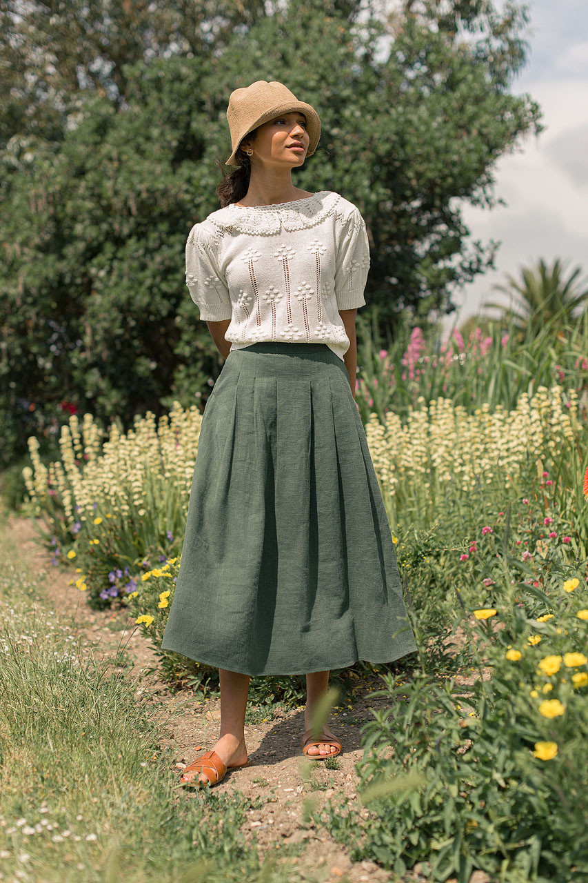 Jane Pleated Long Linen Skirt, Green
