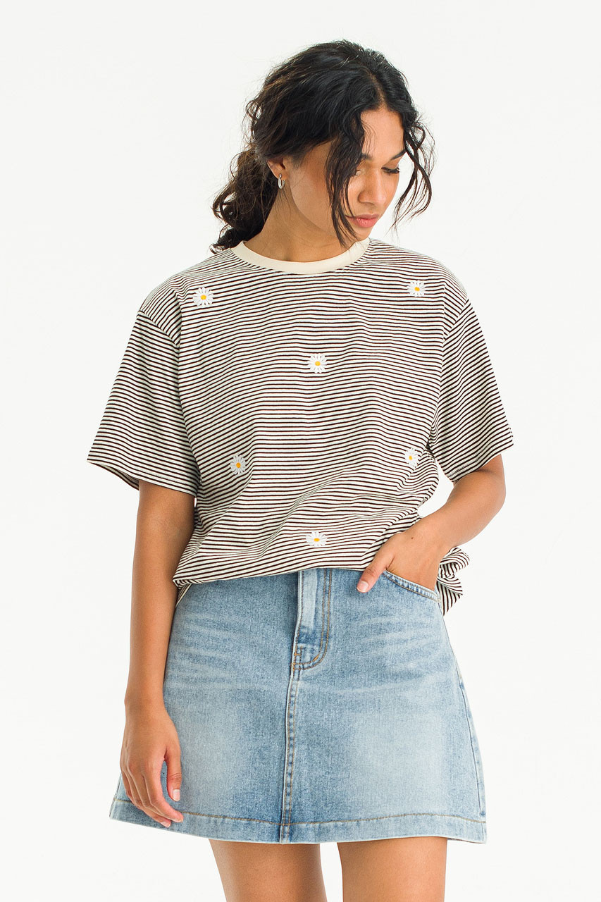 Daisy Embroidered Stripe Tee, Ivory