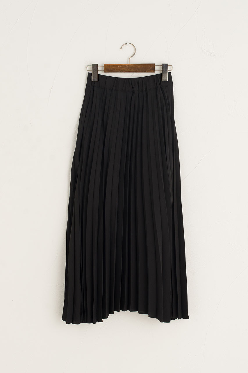 Unbalanced Mid Length Pleated Skirt, Black