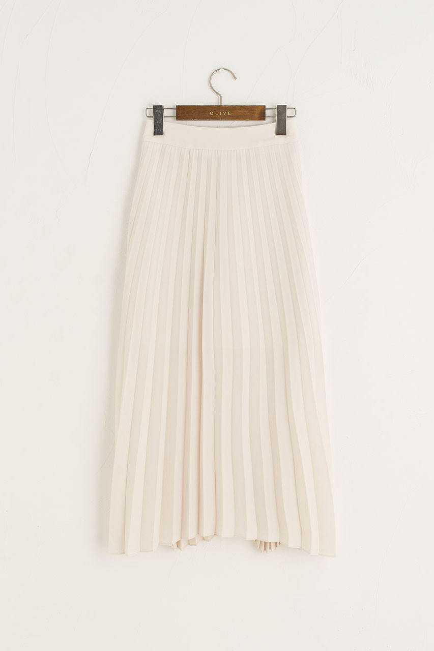 Unbalanced Mid Length Pleated Skirt, Cream