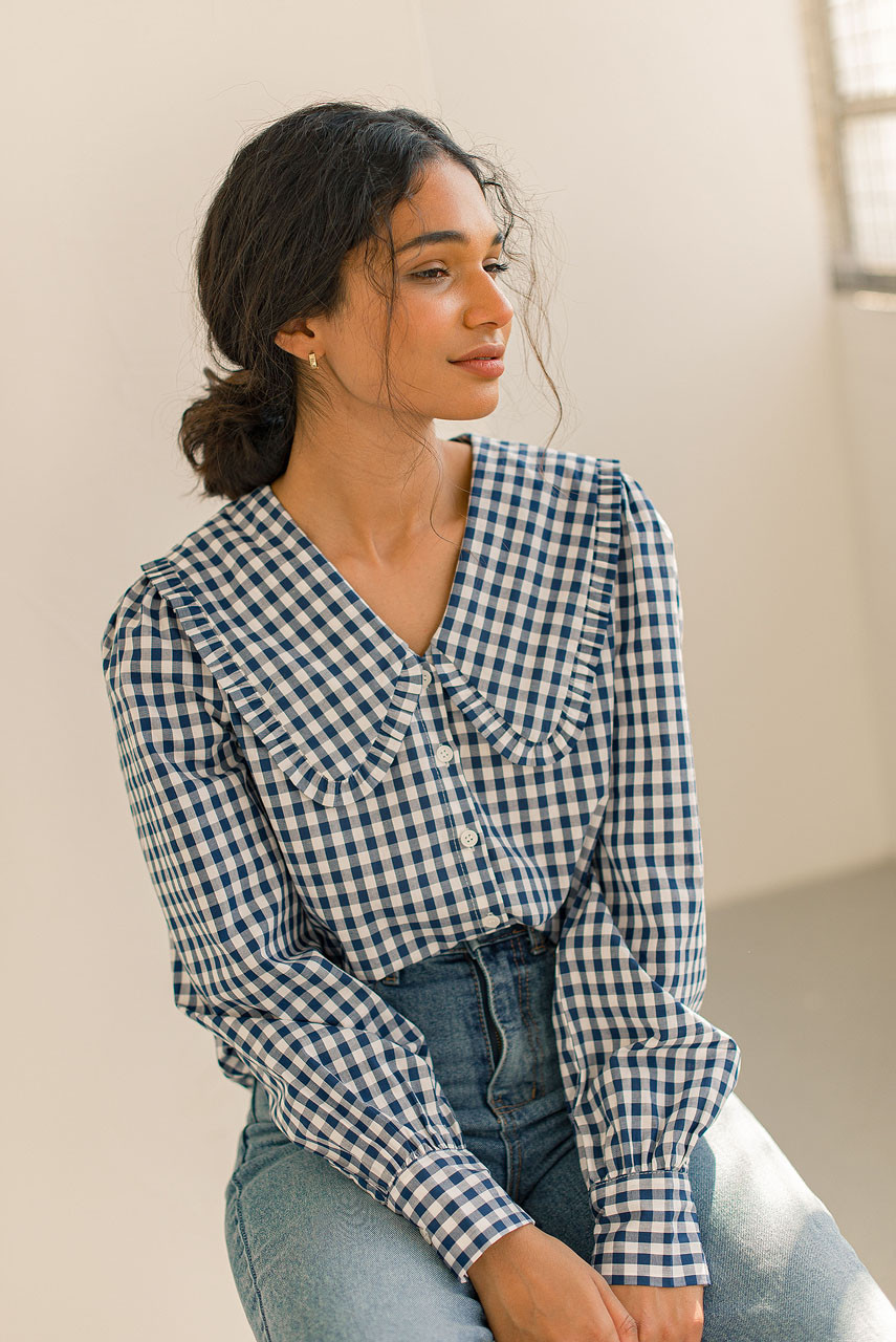 Soi Frill Collar Gingham Blouse, Blue